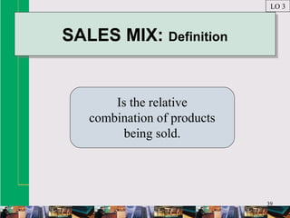 39
SALES MIX: DefinitionSALES MIX: Definition
Is the relative
combination of products
being sold.
LO 3
 
