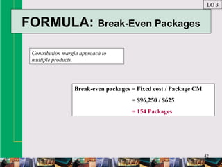 42
FORMULA: Break-Even Packages
Contribution margin approach to
multiple products.
LO 3
Break-even packages = Fixed cost / Package CM
= $96,250 / $625
= 154 Packages
 
