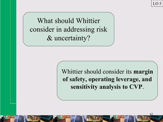 61
What should Whittier
consider in addressing risk
& uncertainty?
Whittier should consider its margin
of safety, operating leverage, and
sensitivity analysis to CVP.
LO 5
 