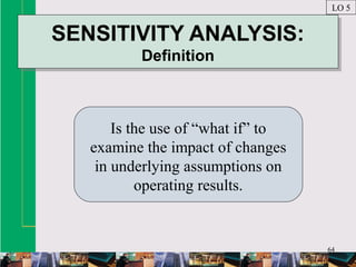 64
SENSITIVITY ANALYSIS:
Definition
SENSITIVITY ANALYSIS:
Definition
Is the use of “what if” to
examine the impact of changes
in underlying assumptions on
operating results.
LO 5
 