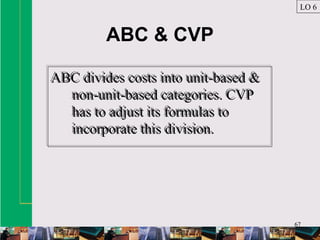 67
ABC & CVP
ABC divides costs into unit-based &
non-unit-based categories. CVP
has to adjust its formulas to
incorporate this division.
ABC divides costs into unit-based &
non-unit-based categories. CVP
has to adjust its formulas to
incorporate this division.
LO 6
 