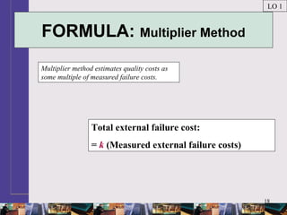 18
FORMULA: Multiplier Method
Multiplier method estimates quality costs as
some multiple of measured failure costs.
LO 1
Total external failure cost:
= k (Measured external failure costs)
 