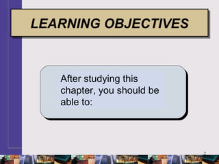 2
LEARNING GOALS
After studying this
chapter, you should be
able to:
LEARNING OBJECTIVESLEARNING OBJECTIVES
 