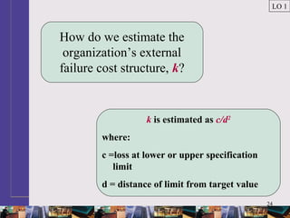 24
How do we estimate the
organization’s external
failure cost structure, k?
k is estimated as c/d2
where:
c =loss at lower or upper specification
limit
d = distance of limit from target value
LO 1
 