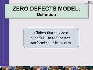32
ZERO DEFECTS MODEL:
Definition
ZERO DEFECTS MODEL:
Definition
Claims that it is cost
beneficial to reduce non-
conforming units to zero.
LO 2
 