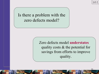 33
Is there a problem with the
zero defects model?
Zero defects model understates
quality costs & the potential for
savings from efforts to improve
quality.
LO 2
 