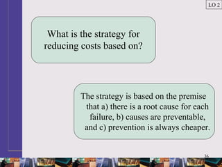 36
What is the strategy for
reducing costs based on?
The strategy is based on the premise
that a) there is a root cause for each
failure, b) causes are preventable,
and c) prevention is always cheaper.
LO 2
 