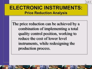46
ELECTRONIC INSTRUMENTS:
Price Reduction Analysis
ELECTRONIC INSTRUMENTS:
Price Reduction Analysis
LO 3
The price reduction can be achieved by a
combination of implementing a total
quality control position, working to
reduce the cost of lower level
instruments, while redesigning the
production process.
The price reduction can be achieved by a
combination of implementing a total
quality control position, working to
reduce the cost of lower level
instruments, while redesigning the
production process.
 