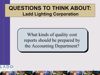 6
QUESTIONS TO THINK ABOUT:
Ladd Lighting Corporation
What kinds of quality cost
reports should be prepared by
the Accounting Department?
 