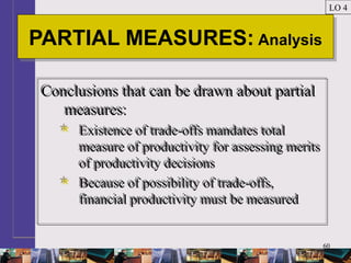 60
PARTIAL MEASURES: AnalysisPARTIAL MEASURES: Analysis
LO 4
Conclusions that can be drawn about partial
measures:
 Existence of trade-offs mandates total
measure of productivity for assessing merits
of productivity decisions
 Because of possibility of trade-offs,
financial productivity must be measured
Conclusions that can be drawn about partial
measures:
 Existence of trade-offs mandates total
measure of productivity for assessing merits
of productivity decisions
 Because of possibility of trade-offs,
financial productivity must be measured
 