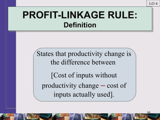 66
PROFIT-LINKAGE RULE:
Definition
PROFIT-LINKAGE RULE:
Definition
States that productivity change is
the difference between
[Cost of inputs without
productivity change – cost of
inputs actually used].
LO 4
 