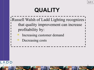 9
QUALITY
Russell Walsh of Ladd Lighting recognizes
that quality improvement can increase
profitability by:
 Increasing customer demand
 Decreasing costs
LO 1
 