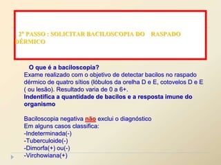 2° PASSO : SOLICITAR BACILOSCOPIA DO RASPADO
DÉRMICO
O que é a baciloscopia?
Exame realizado com o objetivo de detectar bacilos no raspado
dérmico de quatro sítios (lóbulos da orelha D e E, cotovelos D e E
( ou lesão). Resultado varia de 0 a 6+.
Indentifica a quantidade de bacilos e a resposta imune do
organismo
Baciloscopia negativa não exclui o diagnóstico
Em alguns casos classifica:
-Indeterminada(-)
-Tuberculoide(-)
-Dimorfa(+) ou(-)
-Virchowiana(+)
 
