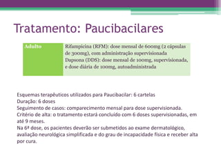Tratamento: Paucibacilares
   Adulto            Rifampicina (RFM): dose mensal de 600mg (2 cápsulas
                     de 300mg), com administração supervisionada
                     Dapsona (DDS): dose mensal de 100mg, supervisionada,
                     e dose diária de 100mg, autoadministrada




Esquemas terapêuticos utilizados para Paucibacilar: 6 cartelas
Duração: 6 doses
Seguimento de casos: comparecimento mensal para dose supervisionada.
Critério de alta: o tratamento estará concluído com 6 doses supervisionadas, em
até 9 meses.
Na 6ª dose, os pacientes deverão ser submetidos ao exame dermatológico,
avaliação neurológica simplificada e do grau de incapacidade física e receber alta
por cura.
 