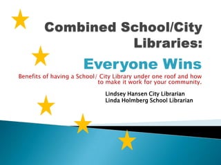 Everyone Wins
Benefits of having a School/ City Library under one roof and how
                            to make it work for your community.

                              Lindsey Hansen City Librarian
                              Linda Holmberg School Librarian
 
