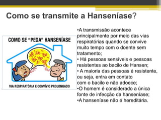 Como se transmite a Hanseníase?
                •A transmissão acontece
                principalmente por meio das vias
                respiratórias quando se convive
                muito tempo com o doente sem
                tratamento;
                • Há pessoas sensíveis e pessoas
                resistentes ao bacilo de Hansen;
                • A maioria das pessoas é resistente,
                ou seja, entra em contato
                com o bacilo e não adoece;
                •O homem é considerado a única
                fonte de infecção da hanseníase;
                •A hanseníase não é hereditária.
 