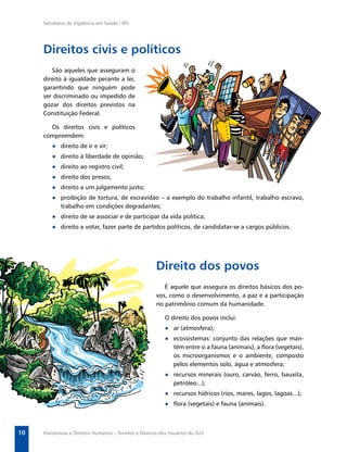 Secretaria de Vigilância em Saúde / MS




     Direitos civis e políticos
        São aqueles que asseguram o
     direito à igualdade perante a lei,
     garantindo que ninguém pode
     ser discriminado ou impedido de
     gozar dos direitos previstos na
     Constituição Federal.

       Os direitos civis e políticos
     compreendem:
        ● direito de ir e vir;
        ● direito à liberdade de opinião;
        ● direito ao registro civil;
        ● direito dos presos;
        ● direito a um julgamento justo;
        ● proibição de tortura, de escravidão – a exemplo do trabalho infantil, trabalho escravo,
          trabalho em condições degradantes;
        ● direito de se associar e de participar da vida política;
        ● direito a votar, fazer parte de partidos políticos, de candidatar-se a cargos públicos.




                                                      Direito dos povos
                                                         É aquele que assegura os direitos básicos dos po-
                                                      vos, como o desenvolvimento, a paz e a participação
                                                      no patrimônio comum da humanidade.

                                                          O direito dos povos inclui:
                                                          ● ar (atmosfera);
                                                          ● ecossistemas: conjunto das relações que man-
                                                            têm entre si a fauna (animais), a ﬂora (vegetais),
                                                            os microorganismos e o ambiente, composto
                                                            pelos elementos solo, água e atmosfera;
                                                          ● recursos minerais (ouro, carvão, ferro, bauxita,
                                                            petróleo...);
                                                          ● recursos hídricos (rios, mares, lagos, lagoas...);
                                                          ● ﬂora (vegetais) e fauna (animais).



10   Hanseníase e Direitos Humanos – Direitos e Deveres dos Usuários do SUS
 