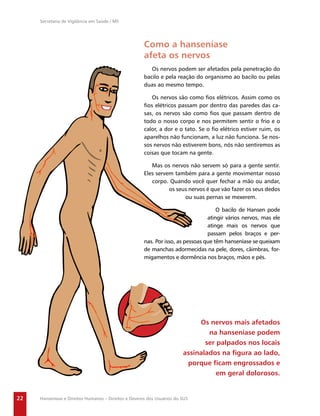Secretaria de Vigilância em Saúde / MS




                                                      Como a hanseníase
                                                      afeta os nervos
                                                         Os nervos podem ser afetados pela penetração do
                                                      bacilo e pela reação do organismo ao bacilo ou pelas
                                                      duas ao mesmo tempo.

                                                         Os nervos são como ﬁos elétricos. Assim como os
                                                      ﬁos elétricos passam por dentro das paredes das ca-
                                                      sas, os nervos são como ﬁos que passam dentro de
                                                      todo o nosso corpo e nos permitem sentir o frio e o
                                                      calor, a dor e o tato. Se o ﬁo elétrico estiver ruim, os
                                                      aparelhos não funcionam, a luz não funciona. Se nos-
                                                      sos nervos não estiverem bons, nós não sentiremos as
                                                      coisas que tocam na gente.

                                                         Mas os nervos não servem só para a gente sentir.
                                                      Eles servem também para a gente movimentar nosso
                                                         corpo. Quando você quer fechar a mão ou andar,
                                                                os seus nervos é que vão fazer os seus dedos
                                                                      ou suas pernas se mexerem.

                                                                                     O bacilo de Hansen pode
                                                                                 atingir vários nervos, mas ele
                                                                                 atinge mais os nervos que
                                                                                 passam pelos braços e per-
                                                      nas. Por isso, as pessoas que têm hanseníase se queixam
                                                      de manchas adormecidas na pele, dores, câimbras, for-
                                                      migamentos e dormência nos braços, mãos e pés.




                                                                             Os nervos mais afetados
                                                                                na hanseníase podem
                                                                               ser palpados nos locais
                                                                        assinalados na ﬁgura ao lado,
                                                                         porque ﬁcam engrossados e
                                                                                   em geral dolorosos.


22   Hanseníase e Direitos Humanos – Direitos e Deveres dos Usuários do SUS
 