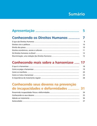 Sumário


Apresentação ...........................................                                                                           5

Conhecendo os Direitos Humanos ........... 7
O que são Direitos Humanos ...........................................................................................             8
Direitos civis e políticos ...................................................................................................     10
Direito dos povos ............................................................................................................     10
Direitos econômicos, sociais e culturais ...........................................................................               11
Os Direitos Humanos no Brasil ........................................................................................             12
Discriminação: uma violação dos Direitos Humanos ........................................................                          12



Conhecendo mais sobre a hanseníase ..... 17
O que é a hanseníase ......................................................................................................        18
Como se pega a hanseníase ............................................................................................             19
Como se manifesta .........................................................................................................        20
Como se trata a hanseníase ............................................................................................            23
A importância do tratamento regular .............................................................................                  28



Conhecendo seus deveres na prevenção
de incapacidades e deformidades ........... 31
Prevenindo incapacidades físicas e deformidades ............................................................                       34
Conhecendo os seus deveres ...........................................................................................             35
Adesão ao tratamento .....................................................................................................         36
Autocuidado ....................................................................................................................   37
 