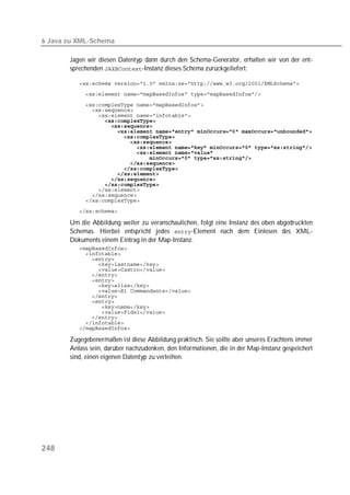 6 Java zu XML-Schema

       Jagen wir diesen Datentyp dann durch den Schema-Generator, erhalten wir von der ent-
       sprechenden -Instanz dieses Schema zurückgeliefert:

          
          

          
          
          
                  
          
          
          
          
          
          
          
          
          
          
          
          
          
          
          
          

       Um die Abbildung weiter zu veranschaulichen, folgt eine Instanz des oben abgedruckten
       Schemas. Hierbei entspricht jedes -Element nach dem Einlesen des XML-
       Dokuments einem Eintrag in der Map-Instanz.
          
          
          
          
          
          
          
          
          
          
          
          
          
          
          
          

       Zugegebenermaßen ist diese Abbildung praktisch. Sie sollte aber unseres Erachtens immer
       Anlass sein, darüber nachzudenken, den Informationen, die in der Map-Instanz gespeichert
       sind, einen eigenen Datentyp zu verleihen.




248
 