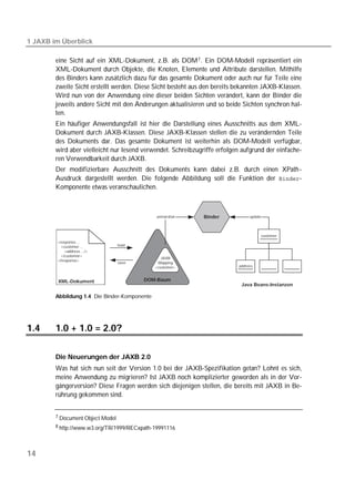 1 JAXB im Überblick

        eine Sicht auf ein XML-Dokument, z.B. als DOM 7 . Ein DOM-Modell repräsentiert ein
        XML-Dokument durch Objekte, die Knoten, Elemente und Attribute darstellen. Mithilfe
        des Binders kann zusätzlich dazu für das gesamte Dokument oder auch nur für Teile eine
        zweite Sicht erstellt werden. Diese Sicht besteht aus den bereits bekannten JAXB-Klassen.
        Wird nun von der Anwendung eine dieser beiden Sichten verändert, kann der Binder die
        jeweils andere Sicht mit den Änderungen aktualisieren und so beide Sichten synchron hal-
        ten.
        Ein häufiger Anwendungsfall ist hier die Darstellung eines Ausschnitts aus dem XML-
        Dokument durch JAXB-Klassen. Diese JAXB-Klassen stellen die zu verändernden Teile
        des Dokuments dar. Das gesamte Dokument ist weiterhin als DOM-Modell verfügbar,
        wird aber vielleicht nur lesend verwendet. Schreibzugriffe erfolgen aufgrund der einfache-
        ren Verwendbarkeit durch JAXB.
        Der modifizierbare Ausschnitt des Dokuments kann dabei z.B. durch einen XPath-
        Ausdruck dargestellt werden. Die folgende Abbildung soll die Funktion der -
        Komponente etwas veranschaulichen.



                                              unmarshal       Binder            update



                                                                                     customer
        <response ...
          <customer ...           load
            <address .../>
          </customer>
                                                 JAXB
        </response>
                                  save         Mapping
                                              <customer>                   address



         XML-Dokument                    DOM-Baum
                                                                            Java Beans-Instanzen

        Abbildung 1.4 Die Binder-Komponente




1.4     1.0 + 1.0 = 2.0?

        Die Neuerungen der JAXB 2.0
        Was hat sich nun seit der Version 1.0 bei der JAXB-Spezifikation getan? Lohnt es sich,
        meine Anwendung zu migrieren? Ist JAXB noch komplizierter geworden als in der Vor-
        gängerversion? Diese Fragen werden sich diejenigen stellen, die bereits mit JAXB in Be-
        rührung gekommen sind.


        7 Document Object Model

        8 http://www.w3.org/TR/1999/RECxpath-19991116




14
 