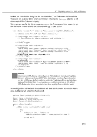 6.7 Objektgraphen in XML abbilden

wickler die referenzielle Integrität des resultierenden XML-Dokuments sicherzustellen.
Vergessen wir an dieser Stelle einen oder mehrere referenzierte -Objekte, so ist
das erzeugte XML-Dokument ungültig.
Wenn wir uns nun für die Klasse  das Schema generieren lassen, so se-
hen wir die im Schema definierten Attribute vom Typ  bzw. :

   
   
   
   
   
   
   

   
   
   
   
   
   
   
   

   
   
   
   
   
   
   


          Hinweis
          Wenn in einem XML-Schema mehrere Typen ein Attribut oder ein Element vom Typ ID de-
          klarieren, so können durch einen IDREF-Wert alle Instanzen von diesen Typen referenziert
          werden. In XML muss die Referenz keinen bestimmten Typ besitzen. Dieses Verhalten kann
          zu Ausnahmen (in der Regel ) beim Lesen von an sich gültigen
          XML-Dokumenten führen, wenn eine im Java-Sinne ungültige Referenz definiert wurde.

In dem folgenden, ausführbaren Beispiel treten wir dann den Nachweis an, dass die Abbil-
dung als Objektgraph tatsächlich funktioniert:

   
   
   
   

   
   
   
   
   
   
   
   

   



                                                                                                     293
 