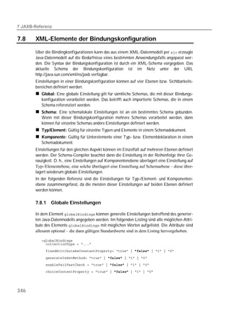  

7.8    XML-Elemente der Bindungskonfiguration

       Über die Bindingkonfigurationen kann das aus einem XML-Datenmodell per  erzeugte
       Java-Datenmodell auf die Bedürfnisse eines bestimmten Anwendungsfalls angepasst wer-
       den. Die Syntax der Bindungskonfiguration ist durch ein XML-Schema vorgegeben. Das
       aktuelle Schema der Bindungskonfiguration ist im Netz unter der URL
       http://java.sun.com/xml/ns/jaxb verfügbar.
       Einstellungen in einer Bindungskonfiguration können auf vier Ebenen bzw. Sichtbarkeits-
       bereichen definiert werden:
          Global: Eine globale Einstellung gilt für sämtliche Schemas, die mit dieser Bindungs-
          konfiguration verarbeitet werden. Das betrifft auch importierte Schemas, die in einem
          Schema referenziert werden.
          Schema: Eine schemalokale Einstellungen ist an ein bestimmtes Schema gebunden.
          Wenn mit dieser Bindungskonfiguration mehrere Schemas verarbeitet werden, dann
          können für einzelne Schemas andere Einstellungen definiert werden.
          Typ/Element: Gültig für einzelne Typen und Elemente in einem Schemadokument.
          Komponente: Gültig für Unterelemente einer Typ- bzw. Elementdeklaration in einem
          Schemadokument.
       Einstellungen für den gleichen Aspekt können im Einzelfall auf mehreren Ebenen definiert
       werden. Der Schema-Compiler beachtet dann die Einstellung in der Reihenfolge ihrer Ge-
       nauigkeit. D. h., eine Einstellungen auf Komponentenebene überlagert eine Einstellung auf
       Typ-/Elementebene, eine solche überlagert eine Einstellung auf Schemaebene – diese über-
       lagert wiederum globale Einstellungen.
       In der folgenden Referenz sind die Einstellungen für Typ-/Element- und Komponenten-
       ebene zusammengefasst, da die meisten dieser Einstellungen auf beiden Ebenen definiert
       werden können.

       7.8.1   Globale Einstellungen

       In dem Element  können generelle Einstellungen betreffend des generier-
       ten Java-Datenmodells angegeben werden. Im folgenden Listing sind alle möglichen Attri-
       bute des Elements  mit möglichen Werten aufgelistet. Die Attribute sind
       allesamt optional – die dann gültigen Standardwerte sind in dem Listing hervorgehoben.

          
          
          

          
          
          




346
 
