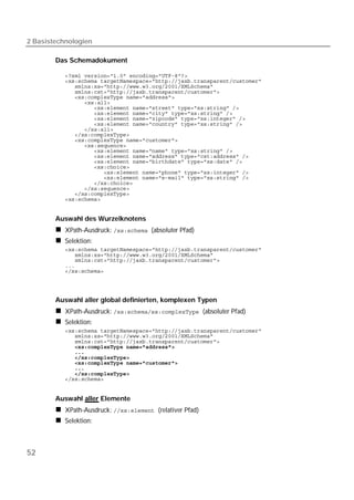 2 Basistechnologien

        Das Schemadokument

           
           
           
           
           
           
           
           
           
           
           
           
           
           
           
           
           
           
           
           
           
           
           
           


        Auswahl des Wurzelknotens
           XPath-Ausdruck:  (absoluter Pfad)
           Selektion:
           
           
           
           
           




        Auswahl aller global definierten, komplexen Typen
           XPath-Ausdruck:  (absoluter Pfad)
           Selektion:
           
           
           
           
           
           
           
           
           
           


        Auswahl aller Elemente
           XPath-Ausdruck:  (relativer Pfad)
           Selektion:



52
 