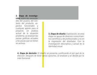 2. Etapa de investiga-
ción: sobre las necesida-
des del usuario, del con-
texto del producto, as-
pectos funcionales y
cualquier aporte para el
proyecto. Un análisis
actual de la situación
problema, se analizan las
piezas gráficas actuales
y las pocas que se tienen
en archivo.
3. Etapa de diseño: Exploración, en esta
etapa se apoya de diversos conocimien-
tos científicos y de profesionales y no en
la inspiración del diseñador. Con la
investigación descriptiva y actual de la
Identidad visual.
4. Etapa de decisión: El diseño se presenta, justificando el por qué de la
elección. Después de tener varias opciones, se analizan y se decide por la
más funcional.
 