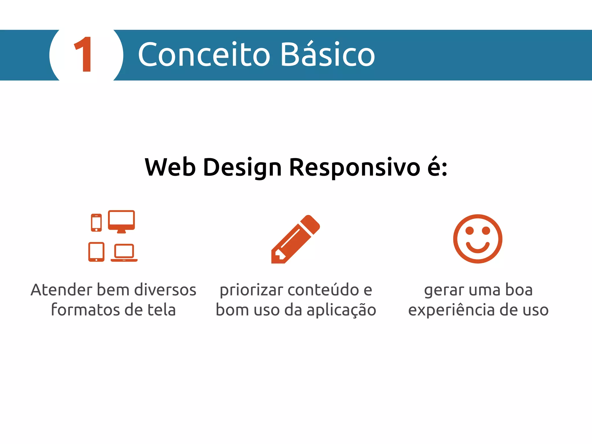 Conceito Básico1
Web Design Responsivo é:
Atender bem diversos
formatos de tela
priorizar conteúdo e
bom uso da aplicação
gerar uma boa
experiência de uso
 
  
 