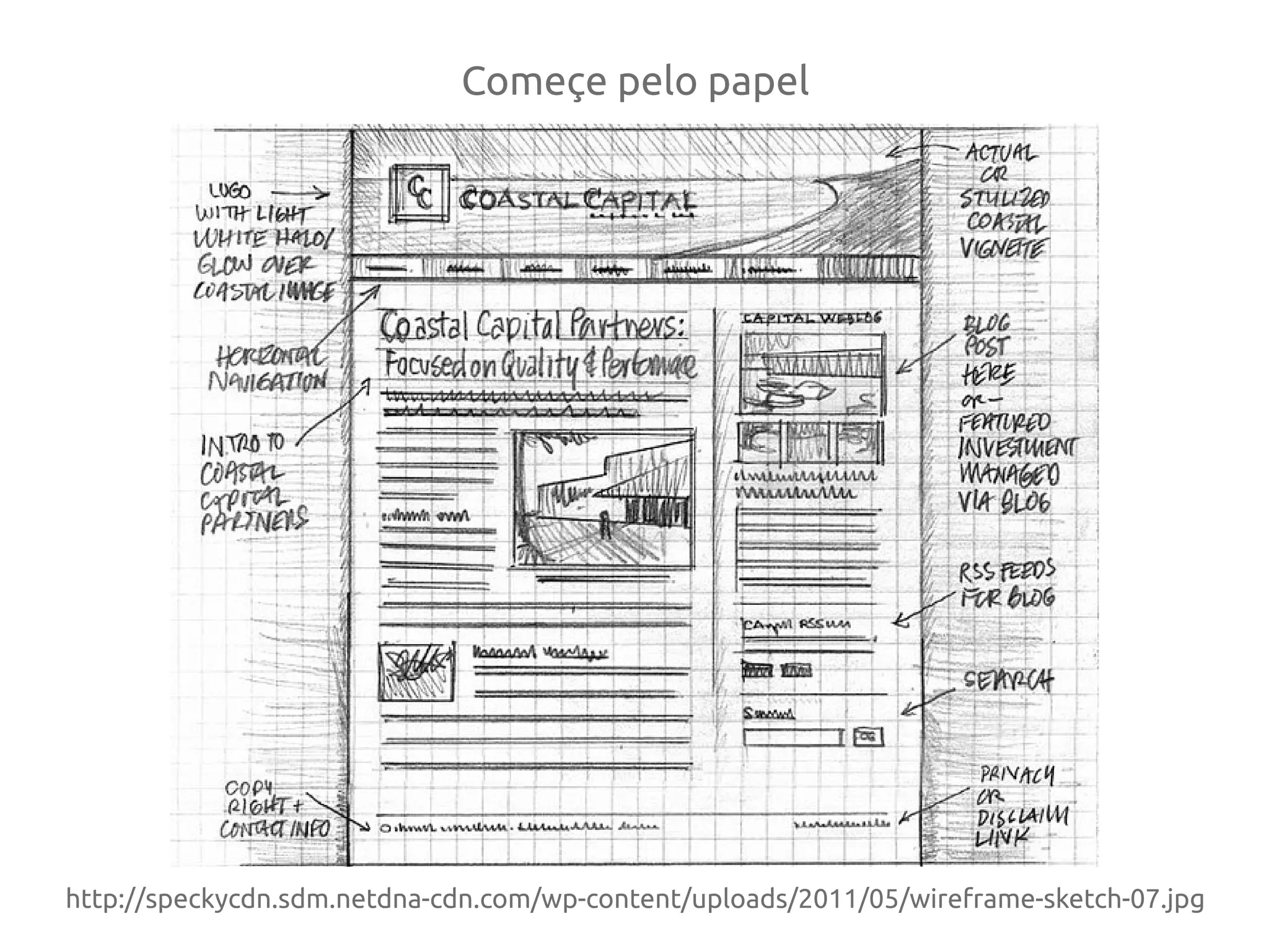 http://speckycdn.sdm.netdna-cdn.com/wp-content/uploads/2011/05/wireframe-sketch-07.jpg
Começe pelo papel
 