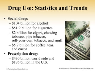 Drug Use: Statistics and Trends Social drugs $104 billion for alcohol $51.9 billion for cigarettes $2 billion for cigars, chewing  tobacco, pipe tobacco,  roll-your-own tobacco, and snuff $5.7 billion for coffee, teas,  and cocoa Prescription drugs $430 billion worldwide and  $176 billion in the U.S. © Tischenko Irena/ShutterStock, Inc. 