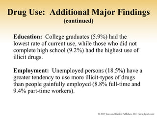 Education:   College graduates (5.9%) had the  lowest rate of current use, while those who did not complete high school (9.2%) had the highest use of illicit drugs. Employment:   Unemployed persons (18.5%) have a greater tendency to use more illicit-types of drugs than people gainfully employed (8.8% full-time and 9.4% part-time workers). Drug Use:  Additional Major Findings   (continued) 