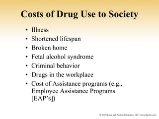 Costs of Drug Use to Society Illness Shortened lifespan Broken home Fetal alcohol syndrome Criminal behavior Drugs in the workplace Cost of Assistance programs (e.g., Employee Assistance Programs [EAP’s]) 
