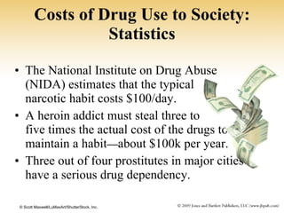 Costs of Drug Use to Society: Statistics The National Institute on Drug Abuse (NIDA) estimates that the typical  narcotic habit costs $100/day. A heroin addict must steal three to  five times the actual cost of the drugs to maintain a habit — about $100k per year. Three out of four prostitutes in major cities have a serious drug dependency. © Scott Maxwell/LuMaxArt/ShutterStock, Inc. 