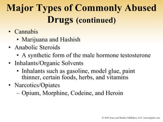 Major Types of Commonly Abused Drugs   (continued) Cannabis Marijuana and Hashish Anabolic Steroids A synthetic form of the male hormone testosterone Inhalants/Organic Solvents Inhalants such as gasoline, model glue, paint thinner, certain foods, herbs, and vitamins Narcotics/Opiates Opium, Morphine, Codeine, and Heroin 