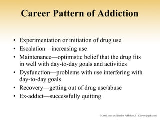 Career Pattern of Addiction <ul><li>Experimentation or initiation of drug use </li></ul><ul><li>Escalation—increasing use ...