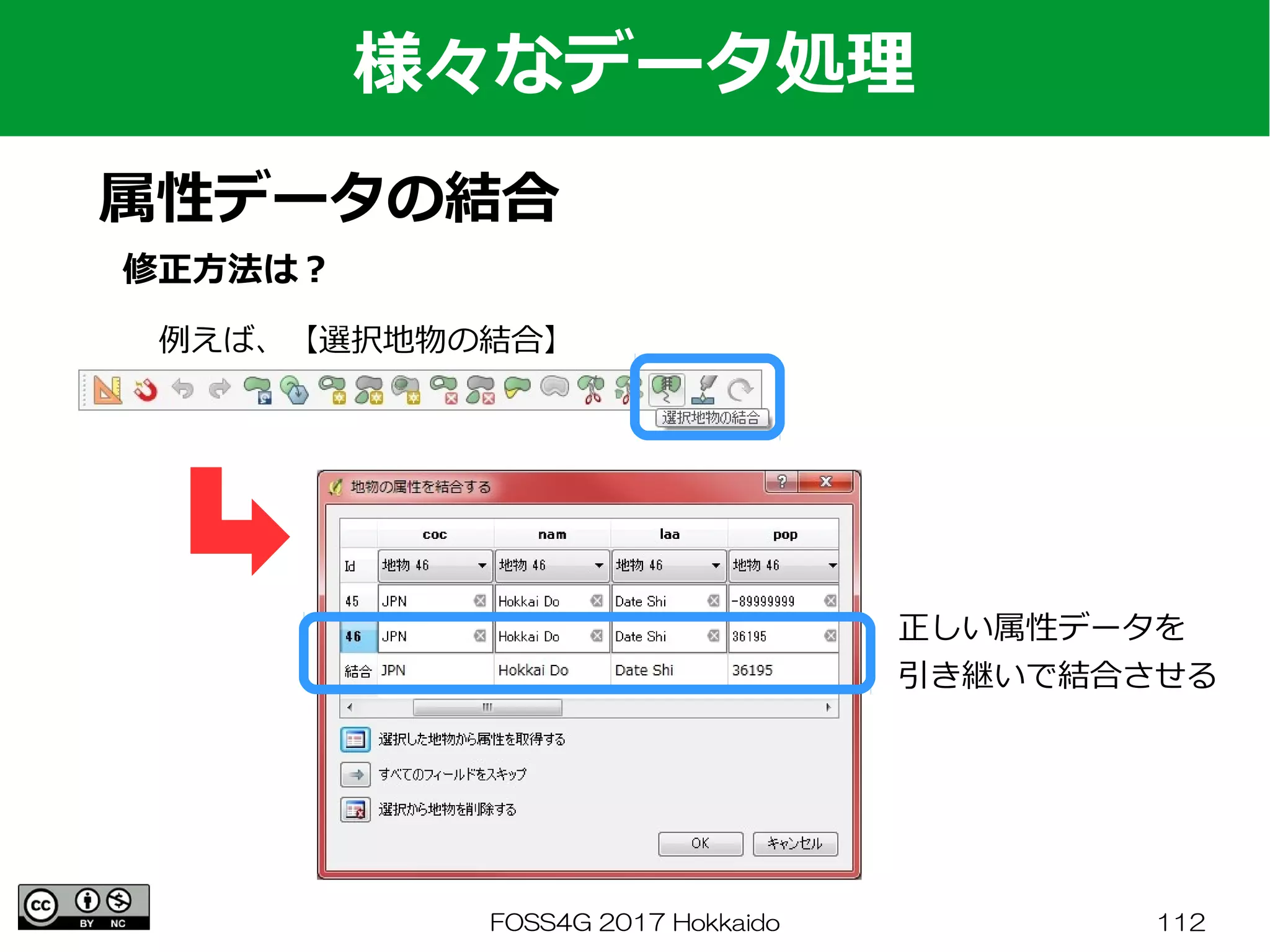 FOSS4G 2017 Hokkaido 112
様々なデータ処理
属性データの結合
修正方法は？
例えば、【選択地物の結合】
正しい属性データを
引き継いで結合させる
 