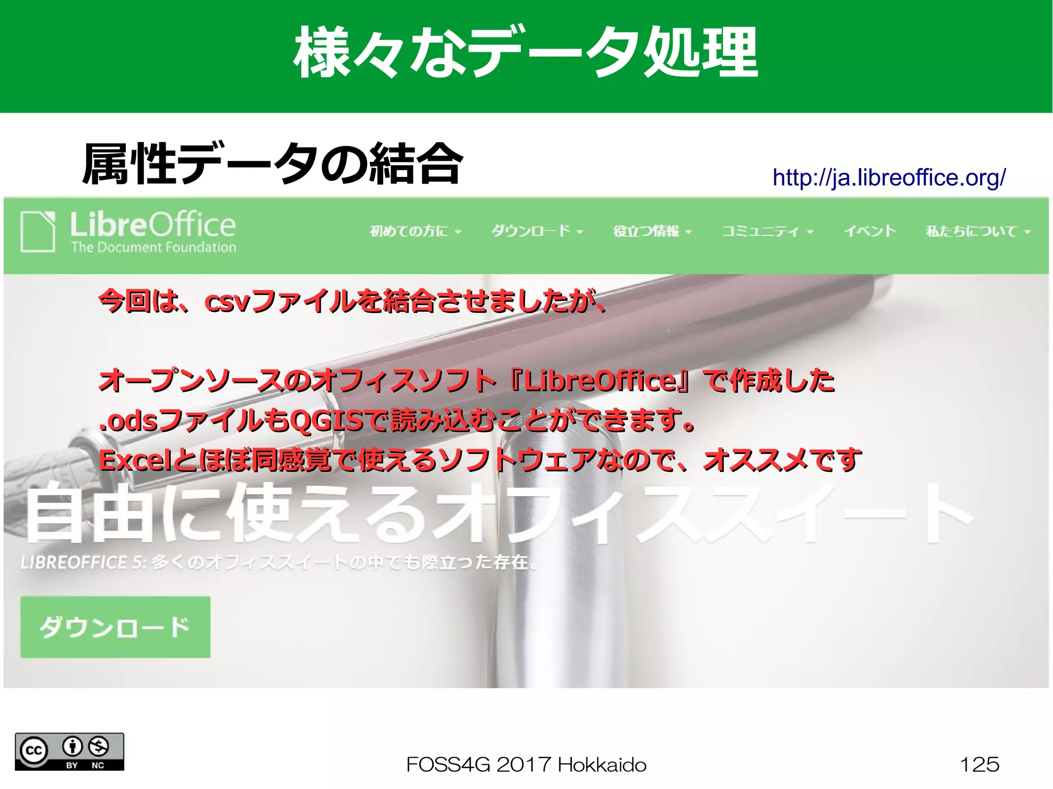 FOSS4G 2017 Hokkaido 125
様々なデータ処理
属性データの結合
今回は、今回は、csvcsvファイルを結合させましたが、ファイルを結合させましたが、
オープンソースのオフィスソフト『オープンソースのオフィスソフト『LibreOfficeLibreOffice』で作成した』で作成した
.ods.odsファイルもファイルもQGISQGISで読み込むことができます。で読み込むことができます。
ExcelExcelとほぼ同感覚で使えるソフトウェアなので、オススメですとほぼ同感覚で使えるソフトウェアなので、オススメです
http://ja.libreoffice.org/
 