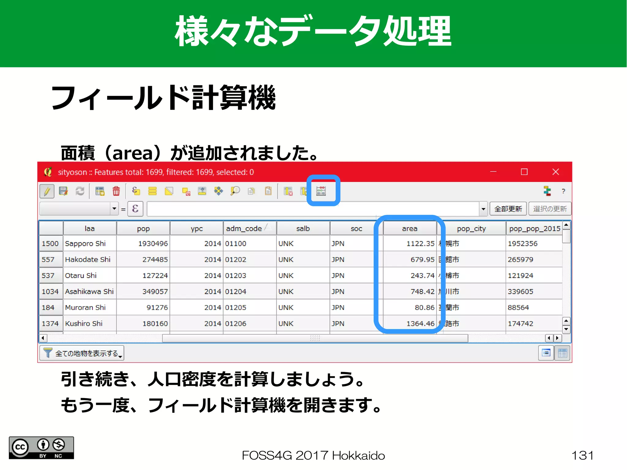 FOSS4G 2017 Hokkaido 131
様々なデータ処理
フィールド計算機
面積（area）が追加されました。
引き続き、人口密度を計算しましょう。
もう一度、フィールド計算機を開きます。
 