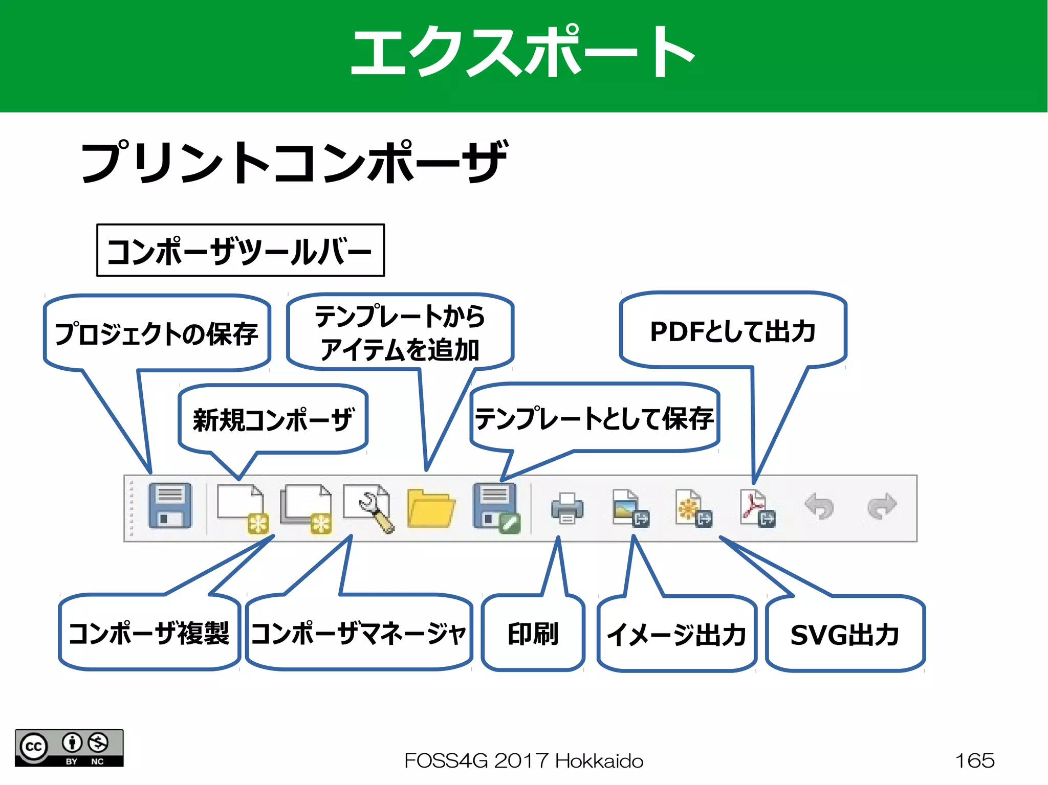 FOSS4G 2017 Hokkaido 165
エクスポート
プリントコンポーザ
コンポーザ複製
プロジェクトの保存
コンポーザマネージャ
新規コンポーザ
テンプレートから
アイテムを追加
テンプレートとして保存
PDFとして出力
印刷 イメージ出力 SVG出力
コンポーザツールバー
 