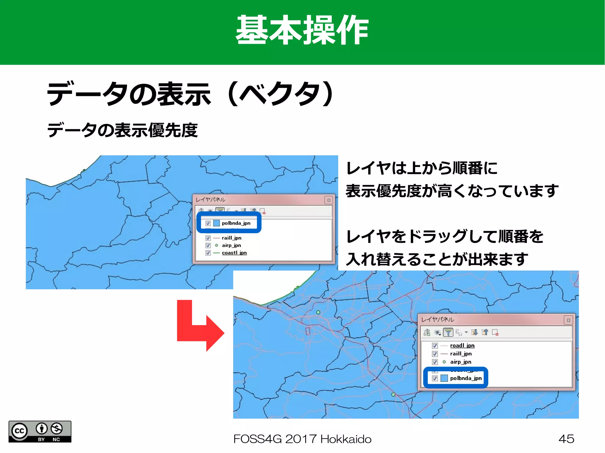 FOSS4G 2017 Hokkaido 45
基本操作
データの表示（ベクタ）
データの表示優先度
レイヤは上から順番に
表示優先度が高くなっています
レイヤをドラッグして順番を
入れ替えることが出来ます
 