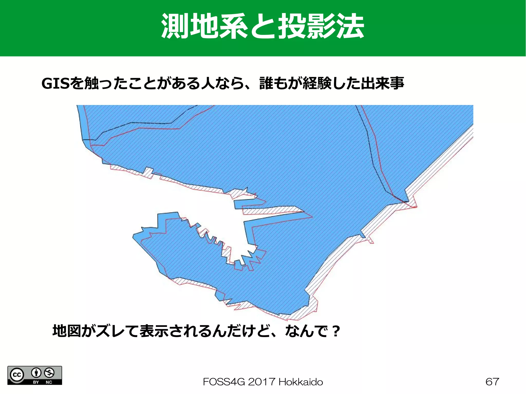 FOSS4G 2017 Hokkaido 67
測地系と投影法
GISを触ったことがある人なら、誰もが経験した出来事
地図がズレて表示されるんだけど、なんで？
 