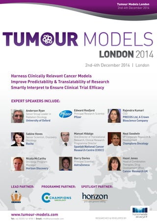 Harness Clinically Relevant Cancer Models 
Improve Predictability & Translatability of Research 
Smartly Interpret to Ensure Clinical Trial Efficacy 
EXPERT SPEAKERS INCLUDE: 
Anderson Ryan 
Senior Group Leader in 
Radiation Oncology 
University of Oxford 
Sabine Hoves 
Senior Scientist, Discovery 
Oncology 
Roche 
Edward Rosfjord 
Principal Research Scientist 
Pfizer 
Manuel Hidalgo 
Vice Director of Translational 
Research, Clinical Research 
Programme Director 
Spanish National Cancer 
Research Centre (CIOCC) 
Rajendra Kumari 
CSO 
PRECOS Ltd, A Crown 
Bioscience Company 
Neal Goodwin 
VP Corporate Research & 
Development 
Champions Oncology 
LEAD PARTNER: 
Nicola McCarthy 
Oncology Program 
Manager 
Horizon Discovery 
Barry Davies 
Principal Scientist 
AstraZeneca 
Hazel Jones 
Head of Combination 
Therapies, Drug 
Development Office 
Cancer Research UK 
Tel: +44 (0)203 141 8700 | Email: info@hansonwade.com RESEARCHED & DEVELOPED BY: 
www.tumour-models.com 
PROGRAMME PARTNER: SPOTLIGHT PARTNER: 
Tumour Models London 
2nd-4th December 2014 
2nd-4th December 2014 | London 
 