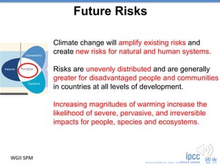 Future Risks
Climate change will amplify existing risks and
create new risks for natural and human systems.
Risks are unevenly distributed and are generally
greater for disadvantaged people and communities
in countries at all levels of development.
Increasing magnitudes of warming increase the
likelihood of severe, pervasive, and irreversible
impacts for people, species and ecosystems.
WGII SPM
 
