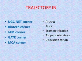 TRAJECTORY.INUGC-NET cornerBiotech cornerJAM cornerGATE cornerMCA cornerArticlesTestsExam notificationToppers interviewsDiscussion forum