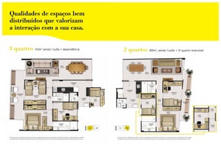 Qualidades de espaços bem                                                                                                                                                                                                                                   Observe a perfeita e precisa utilização dos
                                                                                                                                                                                                                                                            espaços. Veja como o acesso à varanda,

distribuídos que valorizam                                                                                                                                                                                                                                  que se dá tanto pelos quartos como pela
                                                                                                                                                                                                                                                            sala, pode traduzir tudo isso.

a interação com a sua casa.                                                                                                                                                                                                                                 Apenas 10 apartamentos.
                                                                                                                                                                                                                                                            Sendo 5 unidades com 3 quartos
                                                                                                                                                                                                                                                            e outras 5 com 2 quartos.




3 quartos 113m                                                 2   sendo 1 suíte + dependência                                                                                  2 quartos 89m , sendo 1 suíte + 3 quarto reversível              2                                                o




                                                                                                                                                          01   02      01            02




Planta ilustrada com sugestão de decoração. Os móveis e equipamentos são meramente ilustrativos, não estando incluídos nas especificações das unidades.             Planta ilustrada com sugestão de decoração. Os móveis e equipamentos são meramente ilustrativos, não estando incluídos nas especificações das unidades.
As medidas e áreas foram tomadas tendo como base o eixo das divisões internas e a face externa das paredes, podendo sofrer alterações durante a obra.               As medidas e áreas foram tomadas tendo como base o eixo das divisões internas e a face externa das paredes, podendo sofrer alterações durante a obra.
 
