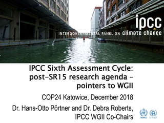 IPCC Sixth Assessment Cycle:
post-SR15 research agenda –
pointers to WGII
Dr. Hans-Otto Pörtner and Dr. Debra Roberts,
IPCC WGII Co-Chairs
COP24 Katowice, December 2018
 