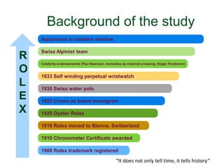 Background of the study 
Aquariums in retailers window 
Swiss Alpinist team 
Celebrity endorsements (Pau Newman, mercedex as channel crossing, Roger Ferderere) 
1933 Self winding perpetual wristwatch 
1930 Swiss water polo 
1925 Crown as brand monogram 
1925 Oyster Rolex 
1916 Rolex moved to Bienne, Switzerland 
1910 Chronometer Certificate awarded 
1908 Rolex trademark registered 
R 
O 
L 
E 
X 
“It does not only tell time, it tells history” 
 