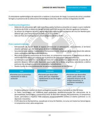 [UNIDAD DE INFECTOLOGÍA] Universidad de La Frontera



El antecedente epidemiológico de exposición a roedores o situaciones de riesgo, la ausencia de coriza y exudado
faríngeo y la presencia de las alteraciones hematológicas descritas, deben orientar al diagnóstico de SPH


Confirmación diagnóstica:
    Detección de anticuerpos IgM e IgG específicos contra hantavirus presentes en sangre o suero mediante
      la técnica de ELISA. La detección de IgM permite confirmar un caso de infección aguda por hantavirus.
    Se utilizan los antígenos del virus Laguna Negra para detectar IgM y antígenos del virus Sin Nombre para
      detectar IgG, pues tiene reacción cruzada con el virus Andes.
    Sólo con fines de investigación se utilizan antígenos del virus Andes.




FASE CARDIOPULMONAR:
      Extravasación de líquido desde el espacio intravascular al extravascular, especialmente al territorio
       alveolar pulmonar, por alteración grave de la permeabilidad capilar.
      Secundariamente ocurren: hipotensión y hemoconcentración. Un grupo de pacientes desarrolla además
       shock cardiogénico por depresión miocárdica.
      Muy pocos pacientes evolucionan de forma leve, sin compromiso respiratorio. El diagnóstico en ellos es
       extremadamente difícil y se confirma por la presencia de anticuerpos IgM anti hantavirus.
      Lo habitual es que entre los 2 a 15 días del inicio de la fase prodrómica, generalmente al cuarto día, el
       paciente empeora súbitamente. Aparecen: taquicardia, tos y disnea progresiva, secundarias a edema
       pulmonar no cardiogénico con o sin compromiso hemodinámico.
      Desde el punto de vista cardiovascular los pacientes evolucionan en tres formas:

               Leve                               Moderada                                 Grave
 •Pacientes que no presentan            •Pacientes que desarrollan            •Pacientes que desarrollan
  hipotensión en toda su                 shock, pero que responden             shock y pese a tener una
  evolución                              rápidamente al uso de drogas          respuesta inicial al uso de
                                         vasoactivas                           drogas vasoactivas, se
                                                                               mantienen inestables y
                                                                               fallecen.


      El edema pulmonar masivo o el shock cardiogénico pueden llevar a la muerte en 24 a 48 horas.
      La fiebre hemorrágica con síndrome renal evoluciona característicamente con alteraciones de la
       permeabilidad, hemorragias y compromiso renal. Se describen además, frecuentemente, el compromiso
       ocular, pancreático y hepático. Este síndrome excepcionalmente conlleva al edema pulmonar o a la
       depresión miocárdica.
      El SPH descrito en Norteamérica, causado por el virus Sin Nombre, no cursa con trastornos hemorrágicos
       ni compromiso renal, salvo excepciones




                                                      13
 